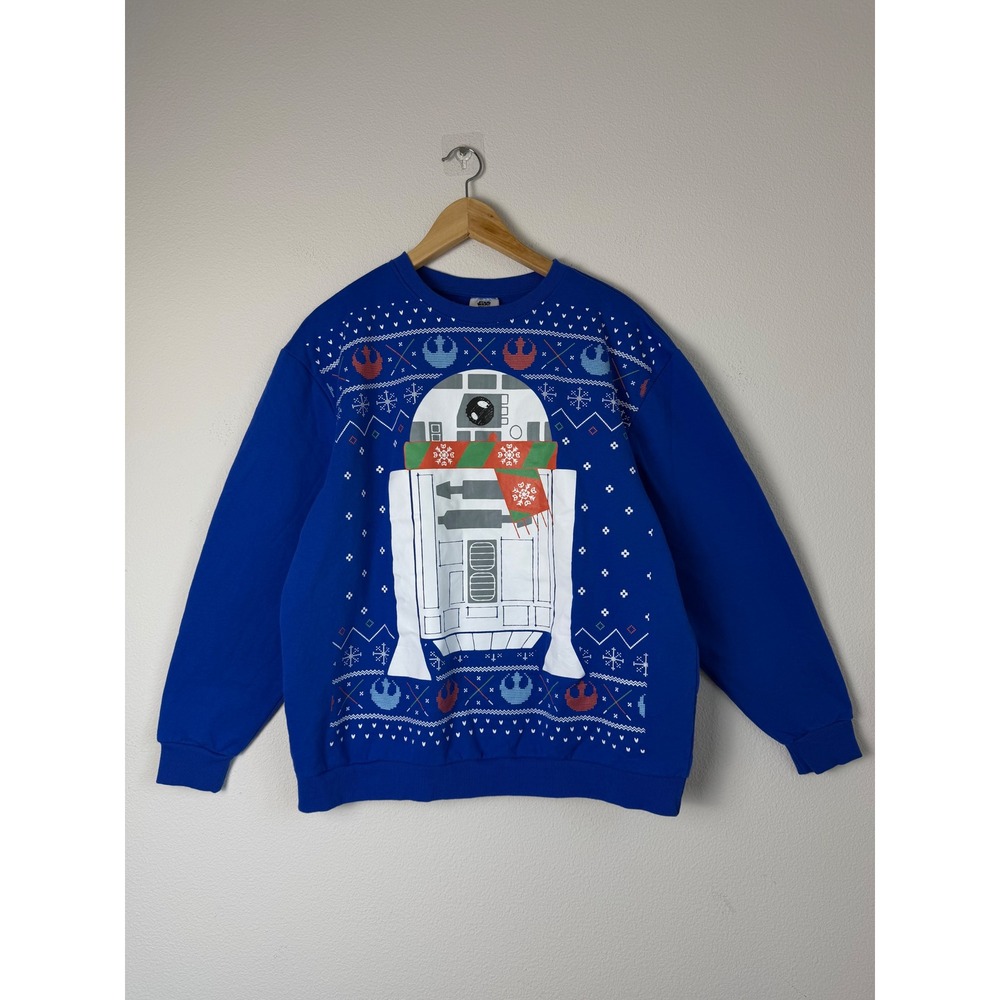 Star Wars Mens Cotton Blend Sweatshirt R2D2 Holiday Crew XL Novelty Blue Ugly